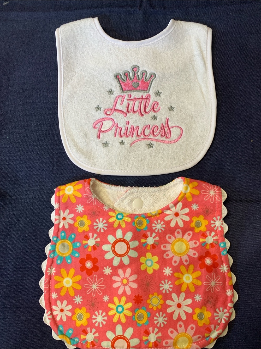 New handmade girls bib set in Pink Floral & White 'Little Princess' Accent